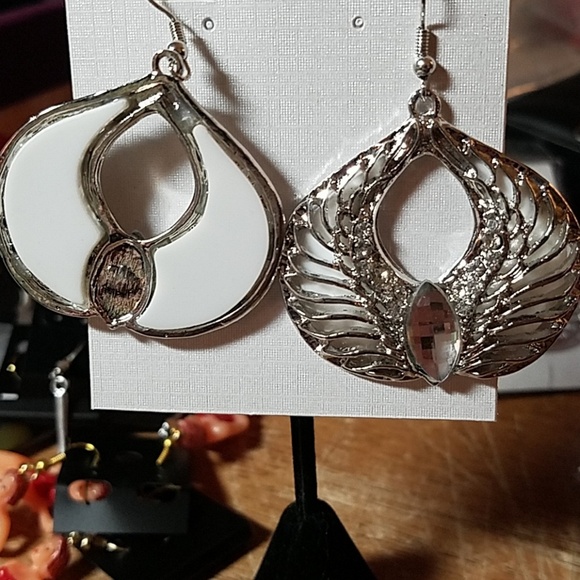 Wings SILVER TONE & RHINESTONE 1 1/2" Earrings - Picture 2 of 3